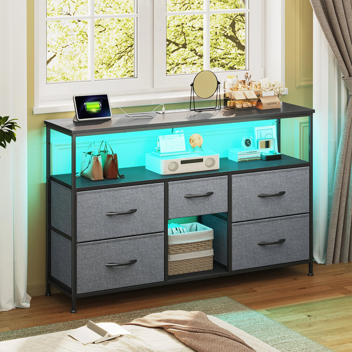 EnHomee TV Console With LED Lights And Fabric Storage Drawers