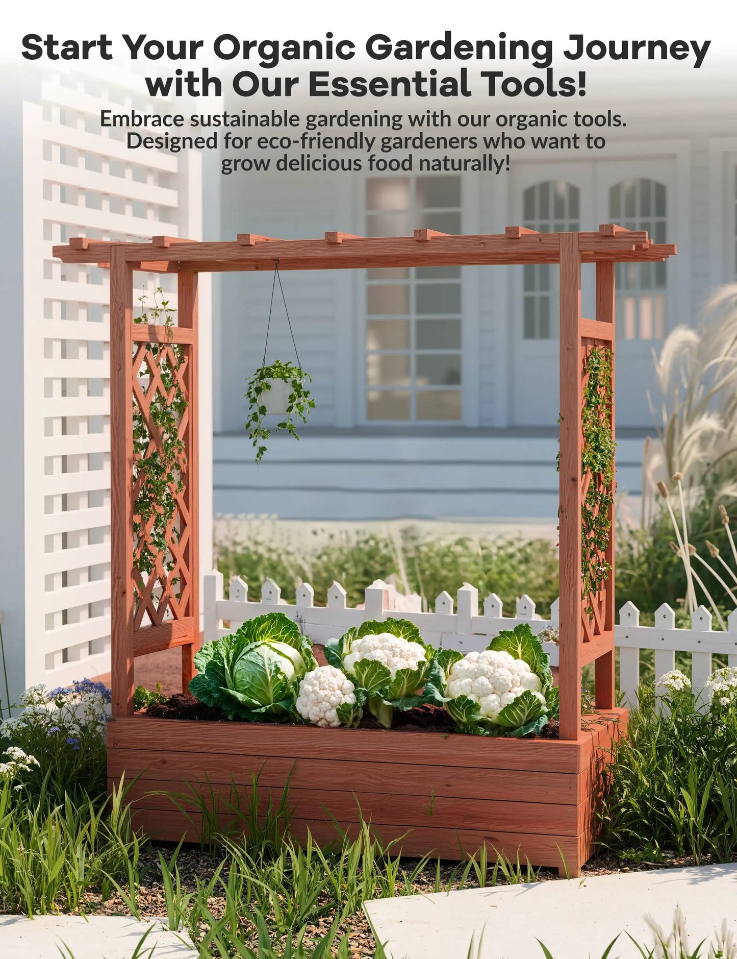 HiMISS Elevated Wooden Raised Garden Bed Trellis Canopy Drainage Planter