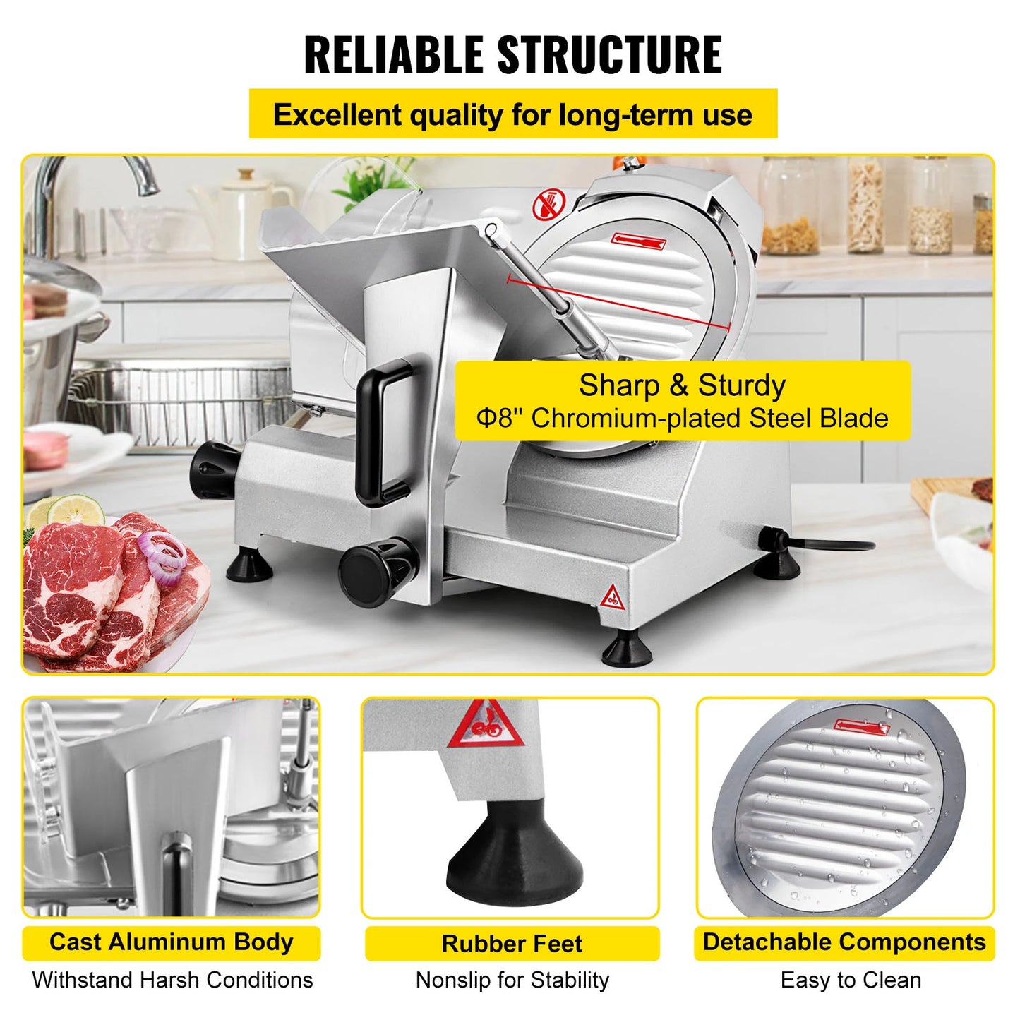 SucceBuy Meat Slicer 8/10inch Carbon Steel Blade Electric Deli Food Slicer Adjustable Thickness Commercial Home Cut Meat Cheese