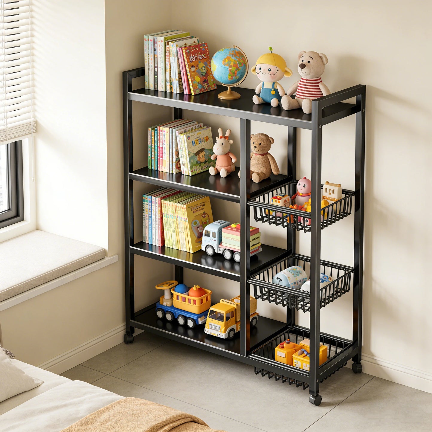 Portable Adjustable 4 Tier Wheeled Storage Cart With Wire Baskets