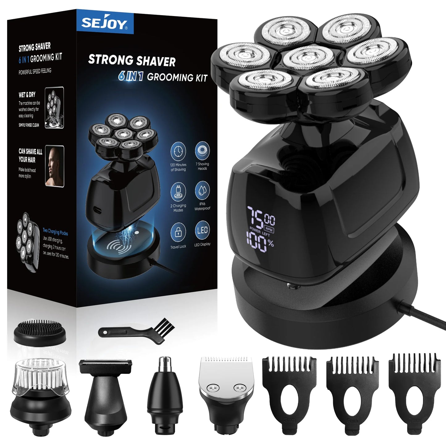 Sejoy Waterproof 6In1 Electric Shaver For Men With Nose Trimmer