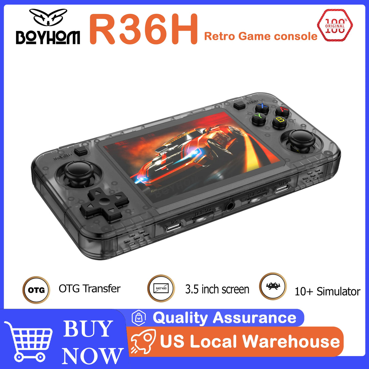 BOYHOM R36H Retro Handheld Game Console Horizontal Console with 2 Joysticks 3000mAh Battery 3.5 Inch IPS 64G 15000+ Game