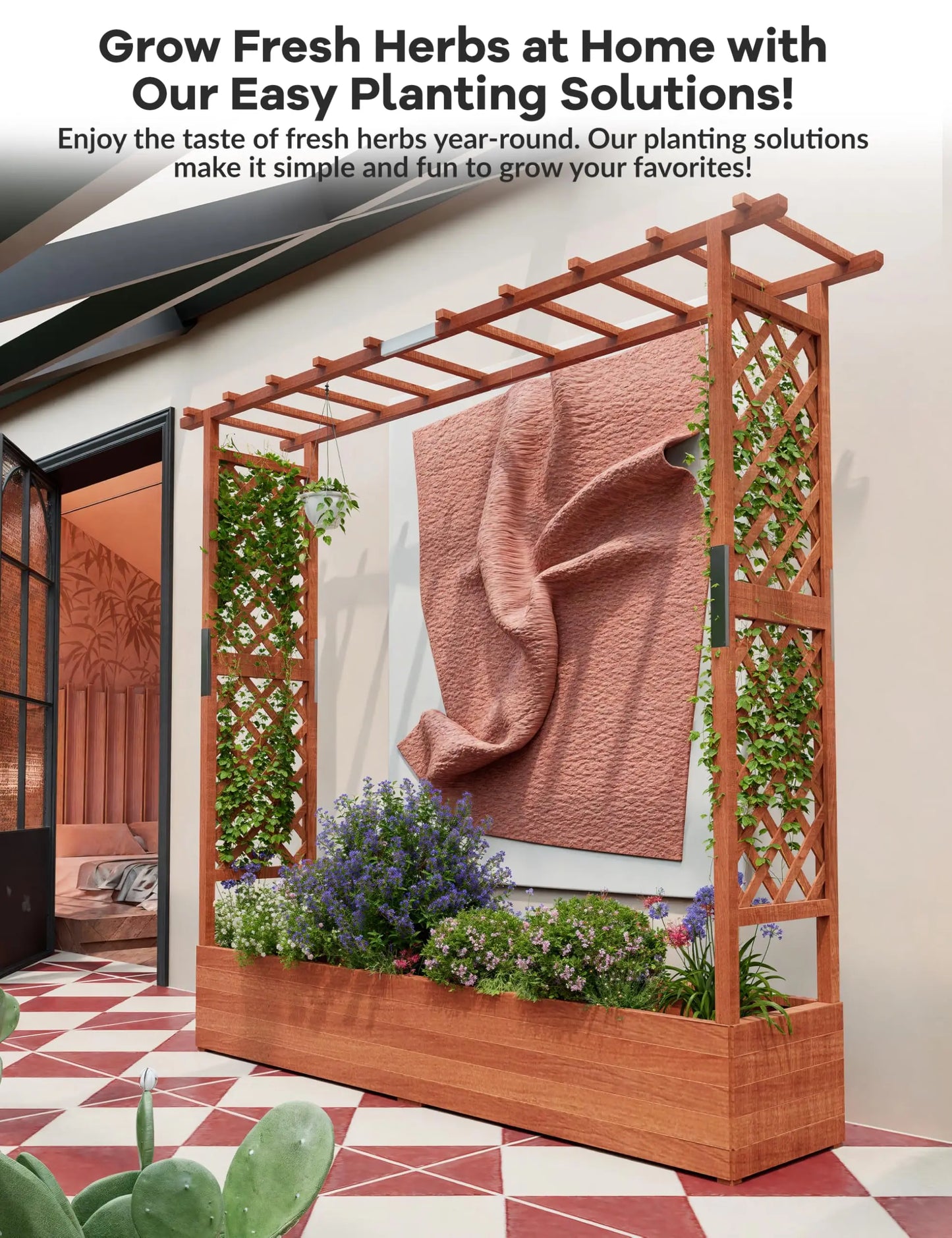 HiMISS Elevated Wooden Raised Garden Bed Trellis Canopy Drainage Planter