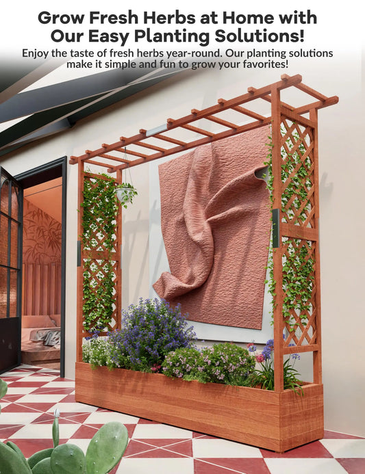 HiMISS Elevated Wooden Raised Garden Bed Trellis Canopy Drainage Planter