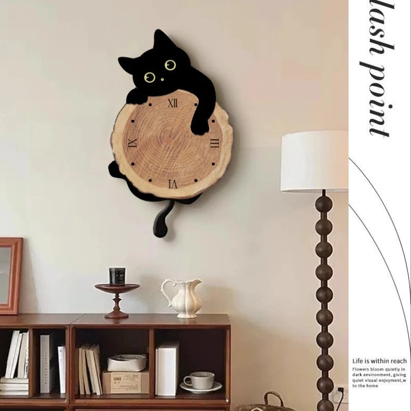 Cartoon Cat Wall Clock With Swing Tail Quartz Mute Design