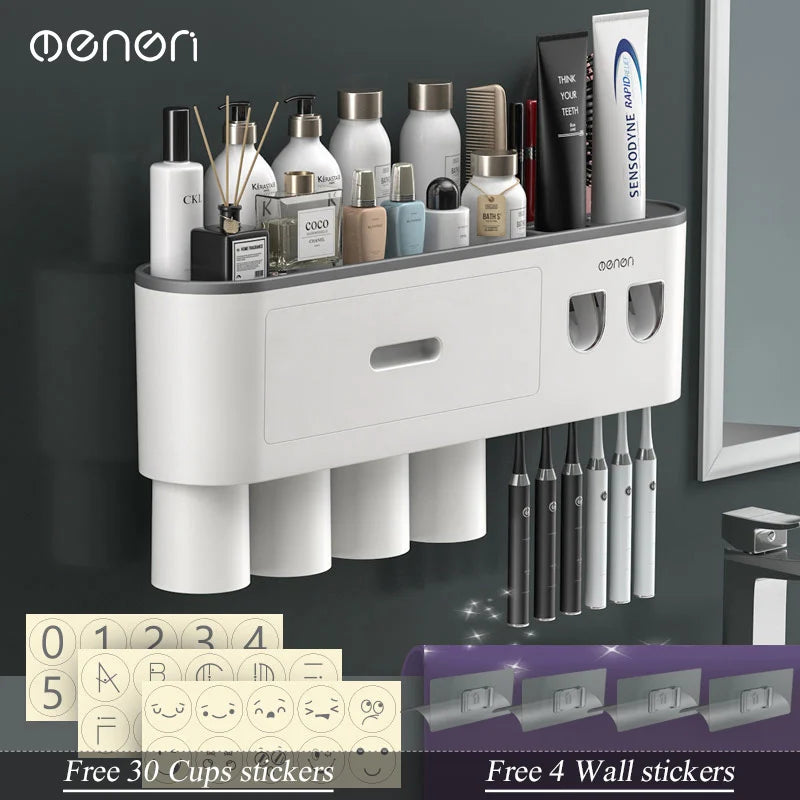 MENGNI Magnetic Inverted Toothbrush Holder Wall Mount Toothpaste Squeezer