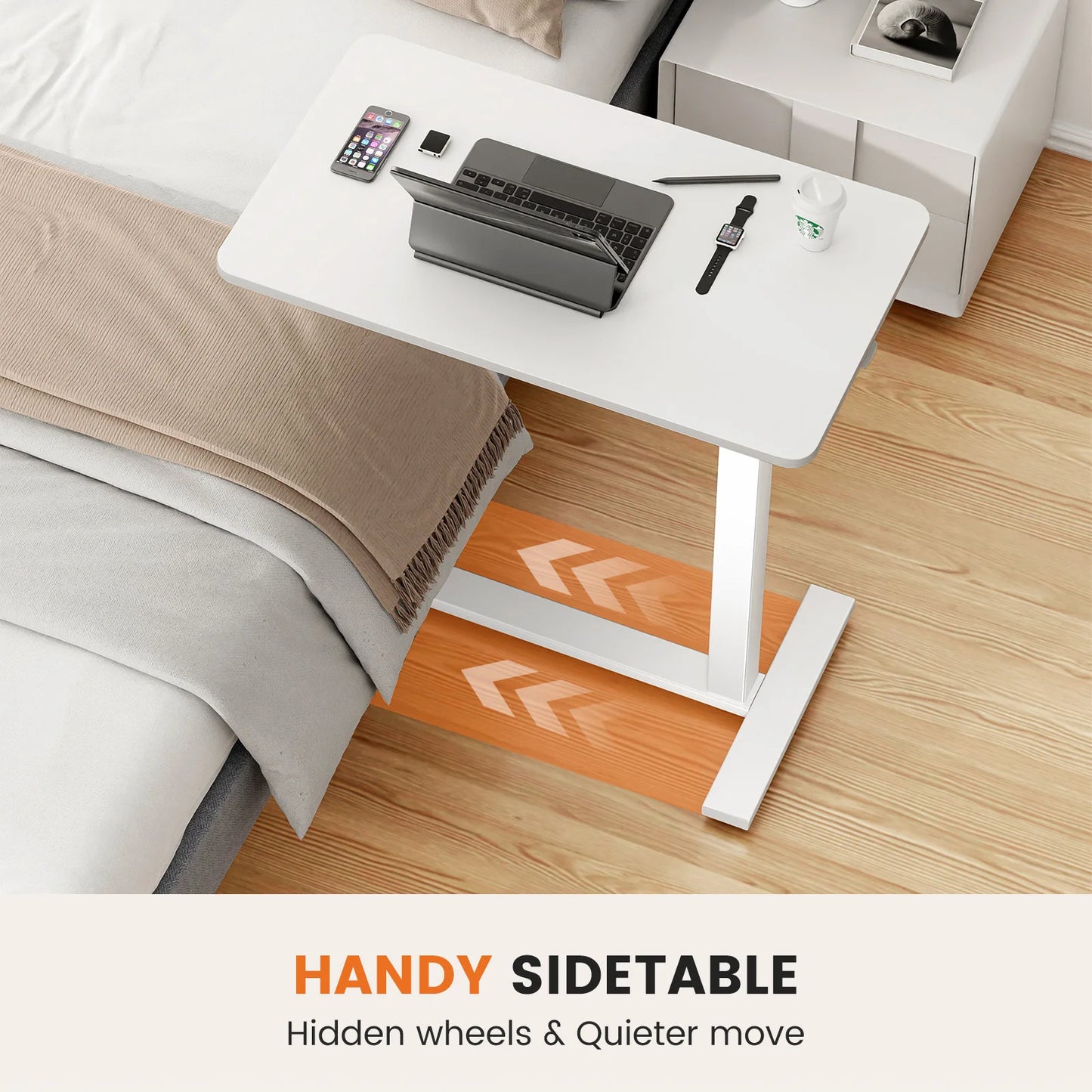 JHK Overbed Bedside Sofa Table with Hidden Wheels Adjustable Height Home Use Bed Table Laptop Mobile Standing Desk For Bedroom