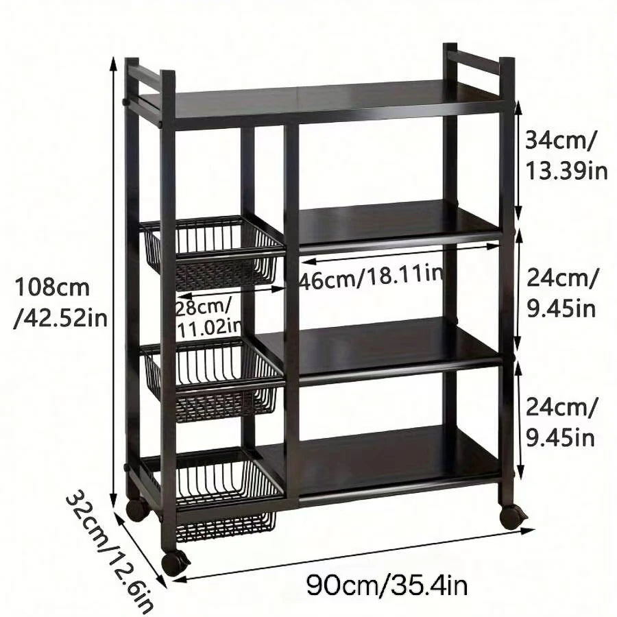 Portable Adjustable 4 Tier Wheeled Storage Cart With Wire Baskets