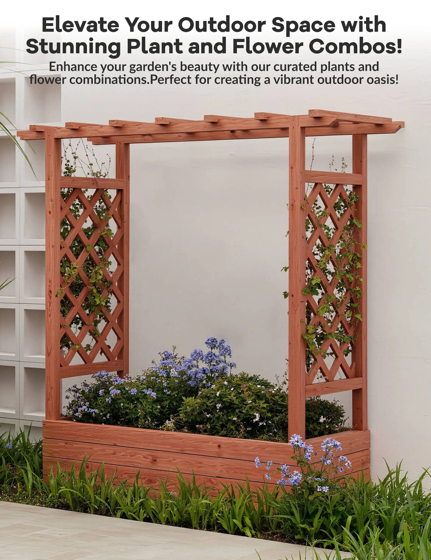 HiMISS Elevated Wooden Raised Garden Bed Trellis Canopy Drainage Planter