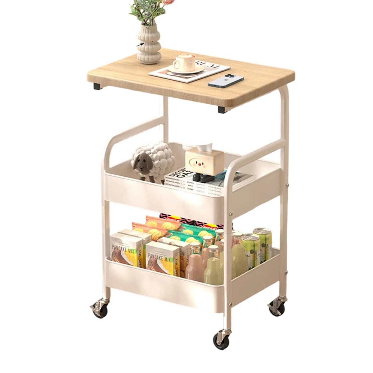 Himiss Three Tier Rolling Storage Cart With Wooden Shelf