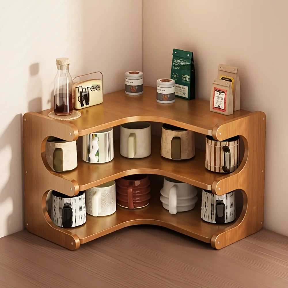 Three-Tier Bamboo Corner Desk Shelf Wall Mount Organizer