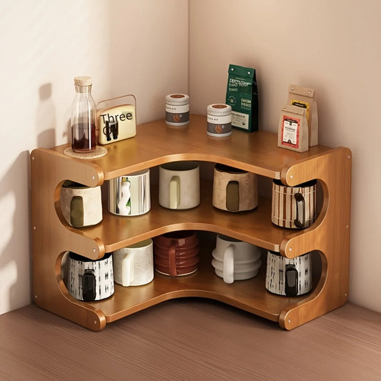 Three-Tier Bamboo Corner Desk Shelf Wall Mount Organizer
