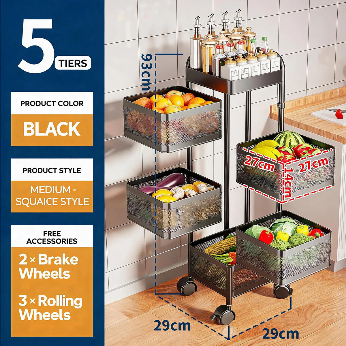 HiMISS Rotating Steel Storage Cart With Wheels Kitchen Organizer