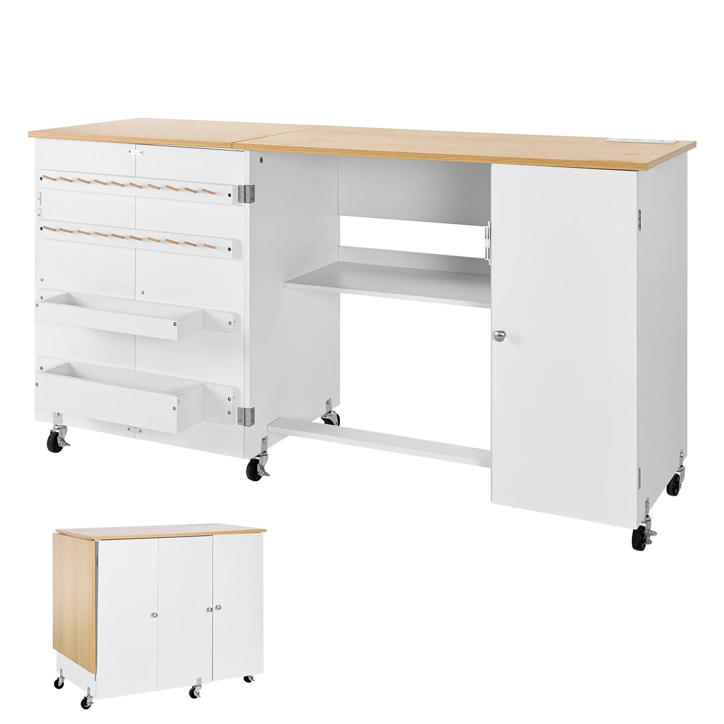 SucceBuy Folding Sewing Table Multipurpose Sewing Machine Table with Cabinet Charging Station Compact Design Side Desk for Home