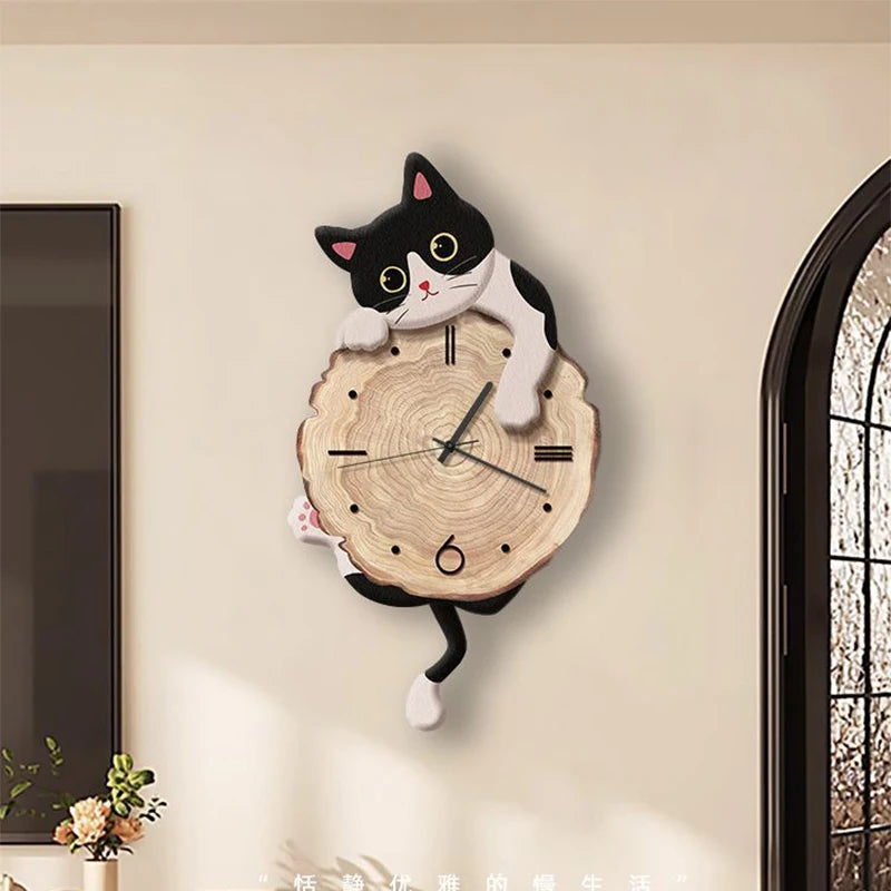 Cartoon Cat Wall Clock With Swing Tail Quartz Mute Design