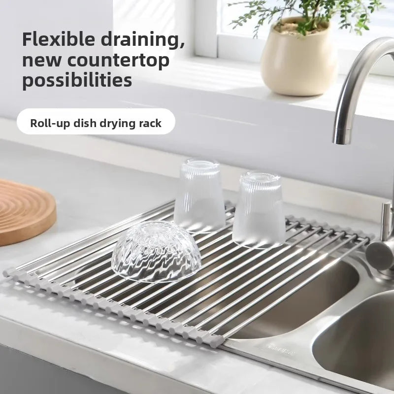 Foldable Dish Drainer Roll Up Rack Kitchen Sink Organizer