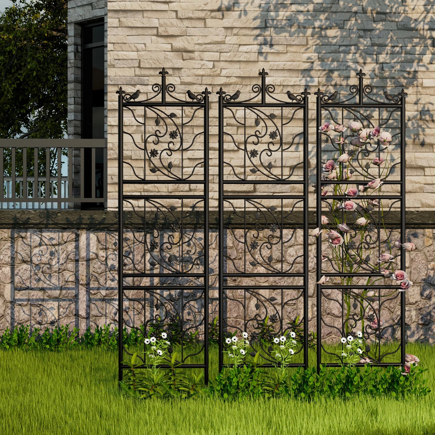 Metal Garden Trellis Bird Leaf Grid Panel Fence 2 Pack