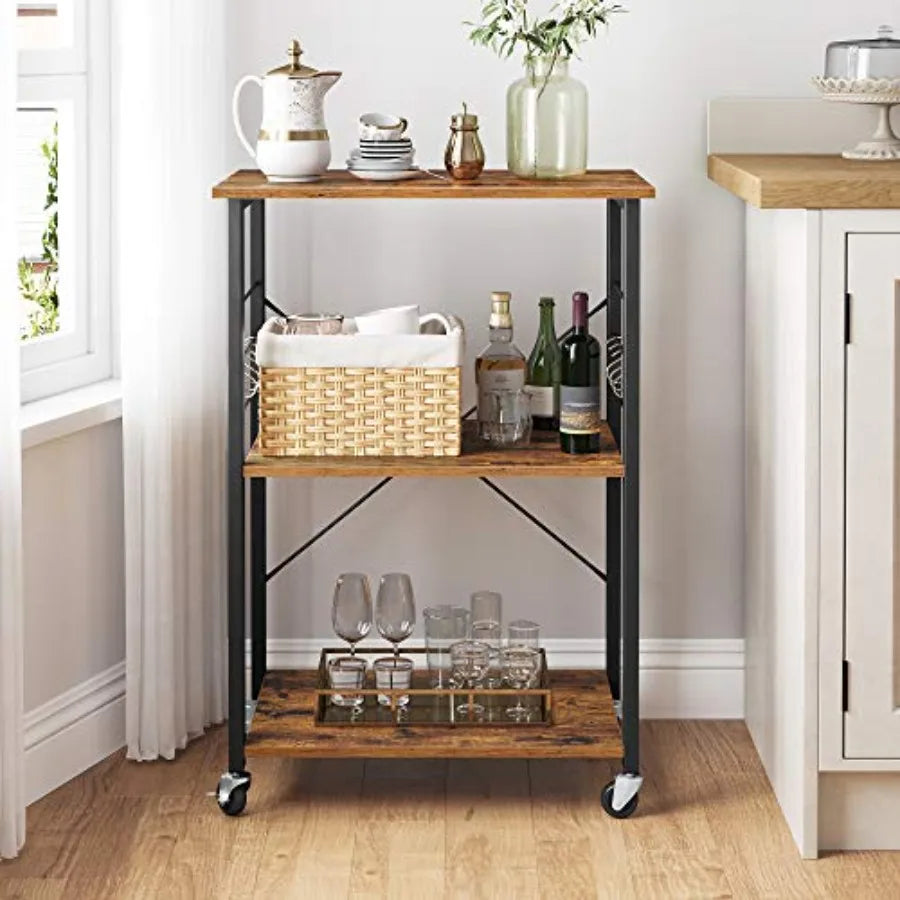 Kitchen Cart On Wheels Three Shelf Industrial Style Serving Cart