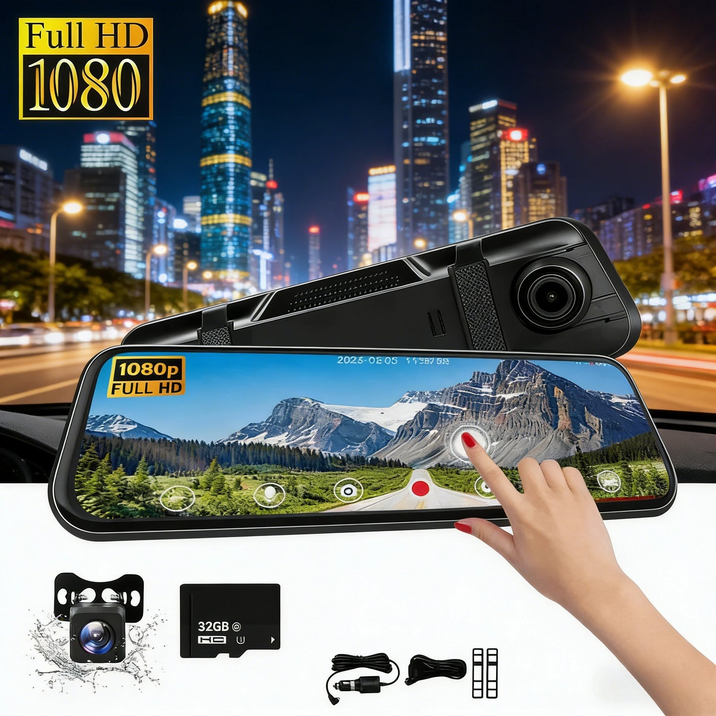 Mirror Dash Cam 1080P Dual Lens Front Rear Waterproof IPS Touchscreen Wide Angle
