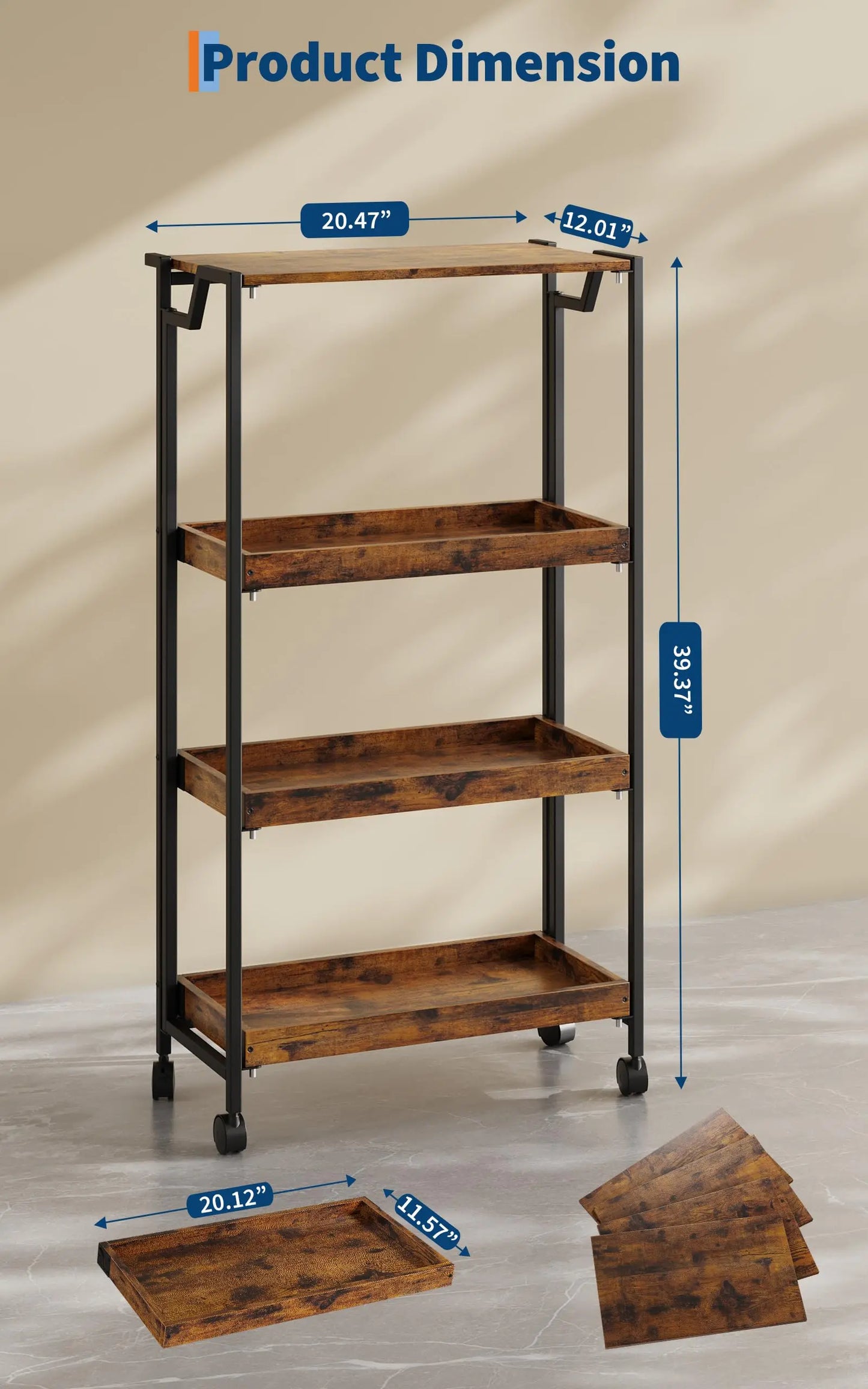 Large 4-Tier Wooden Folding Storage Shelf Cart with Locking Wheel, Expandable Kitchen Organizer Rack, 100 Lbs Loading