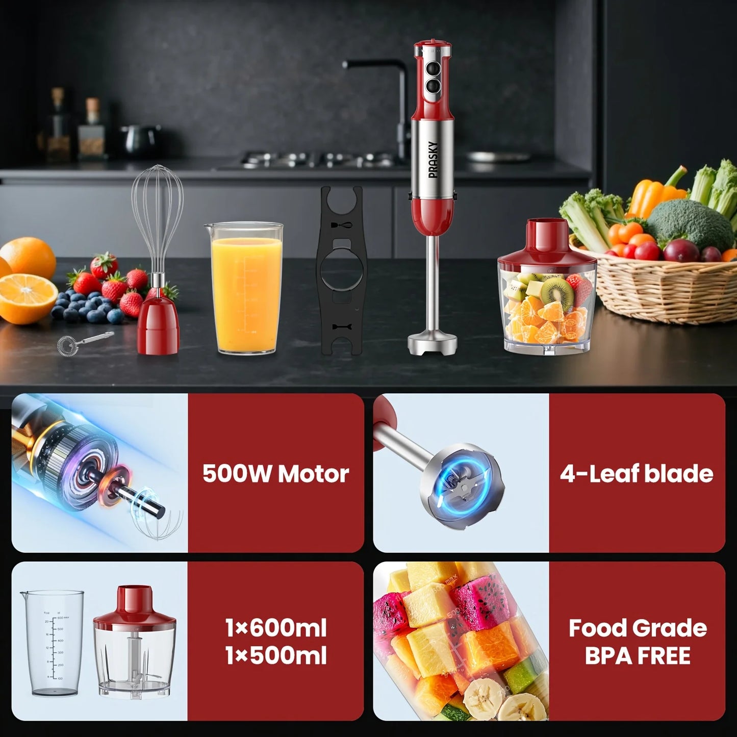 Prasky 5in1 Handheld Immersion Blender With High Power Motor