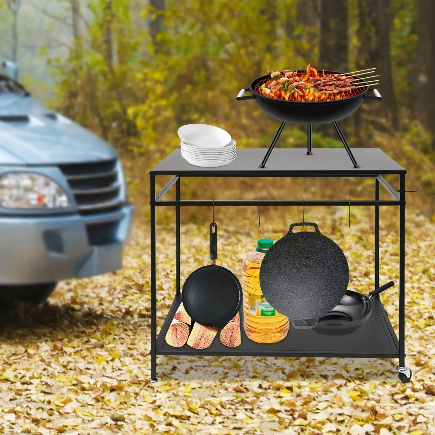 Bymaocar Double Shelf Movable Outdoor Kitchen Cart With Spice Rack