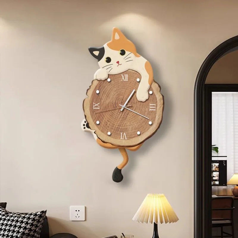 Cartoon Cat Wall Clock With Swing Tail Quartz Mute Design