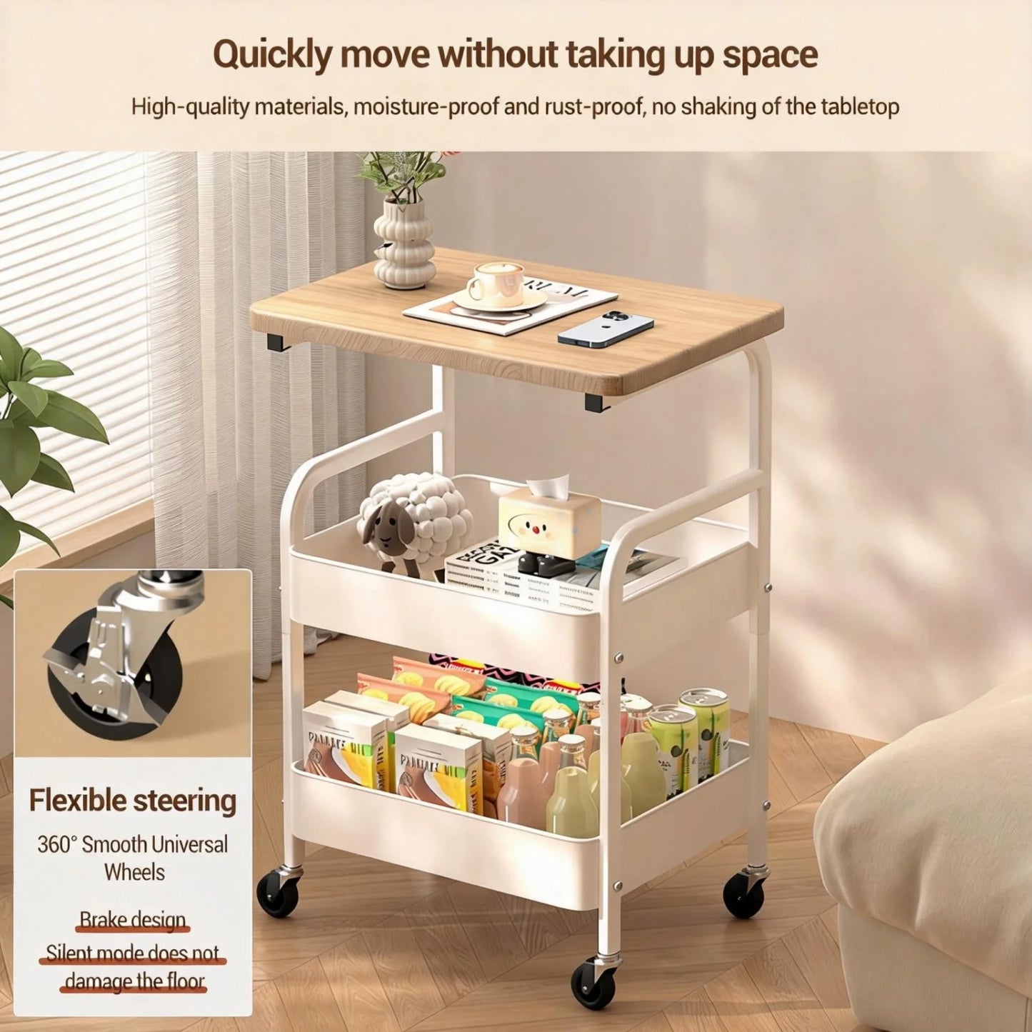 Himiss Three Tier Rolling Storage Cart With Wooden Shelf