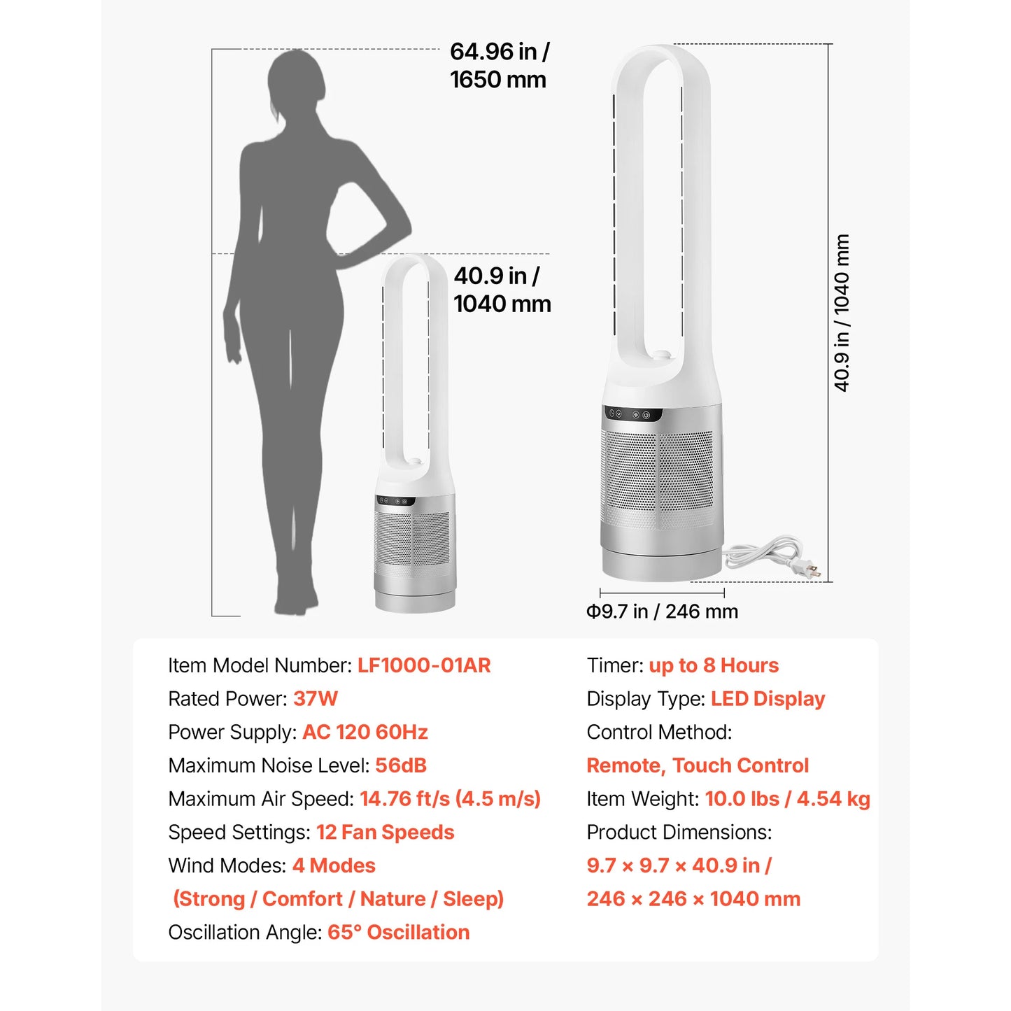 SucceBuy Bladeless Tower Fan 65°/80° Oscillating Standing Fan 8/12 Speeds & 8/9-Hour Timer 14.76/15.42 ft High Velocity for Home