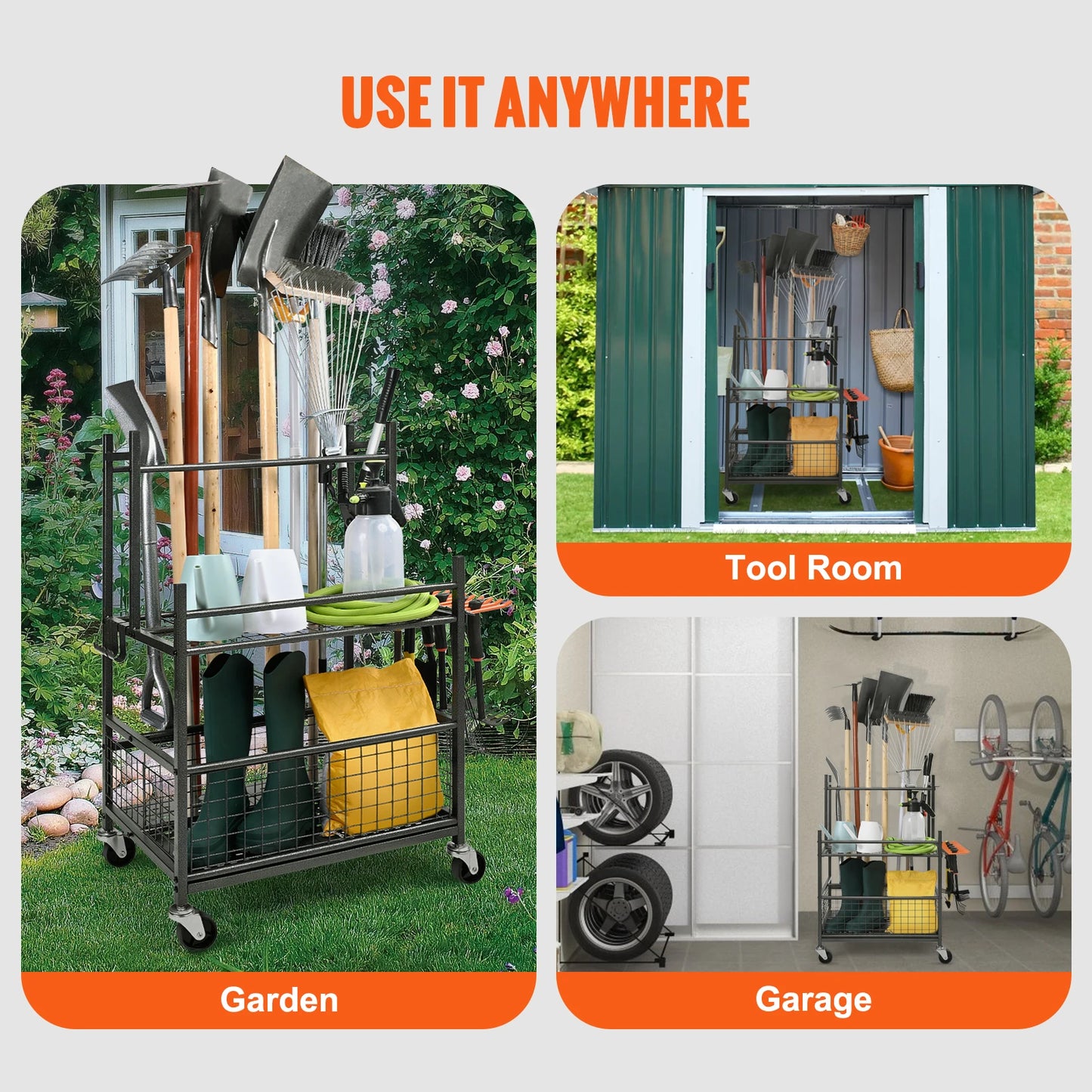 SucceBuy 16 Slot Garden Tool Organizer Tower Rack With Hooks And Wheels