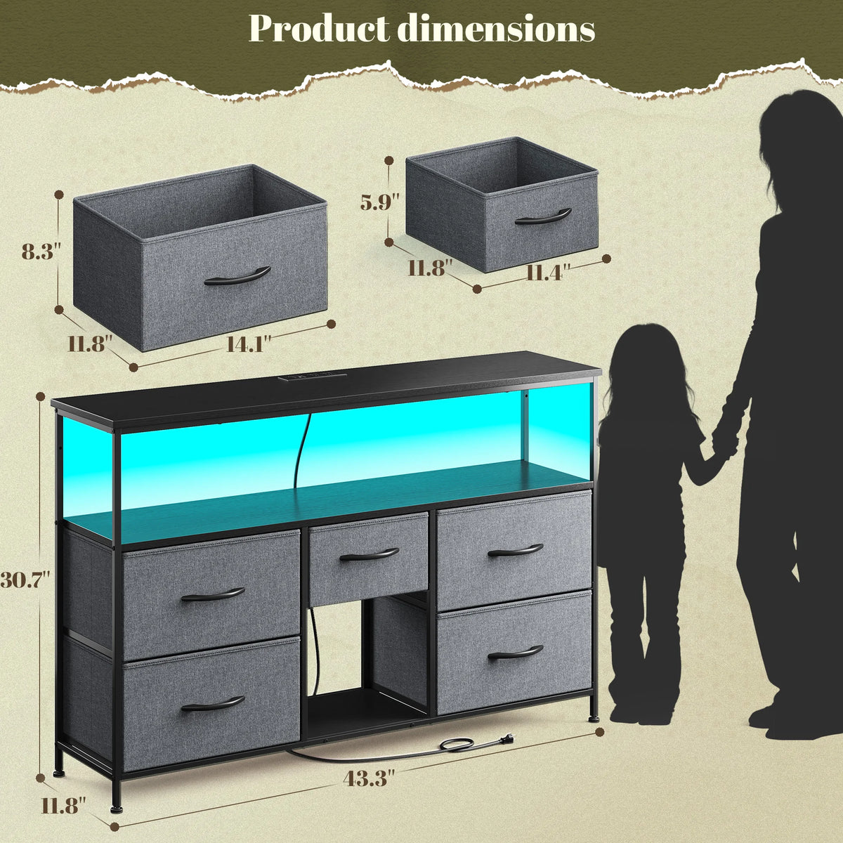 EnHomee TV Console With LED Lights And Fabric Storage Drawers
