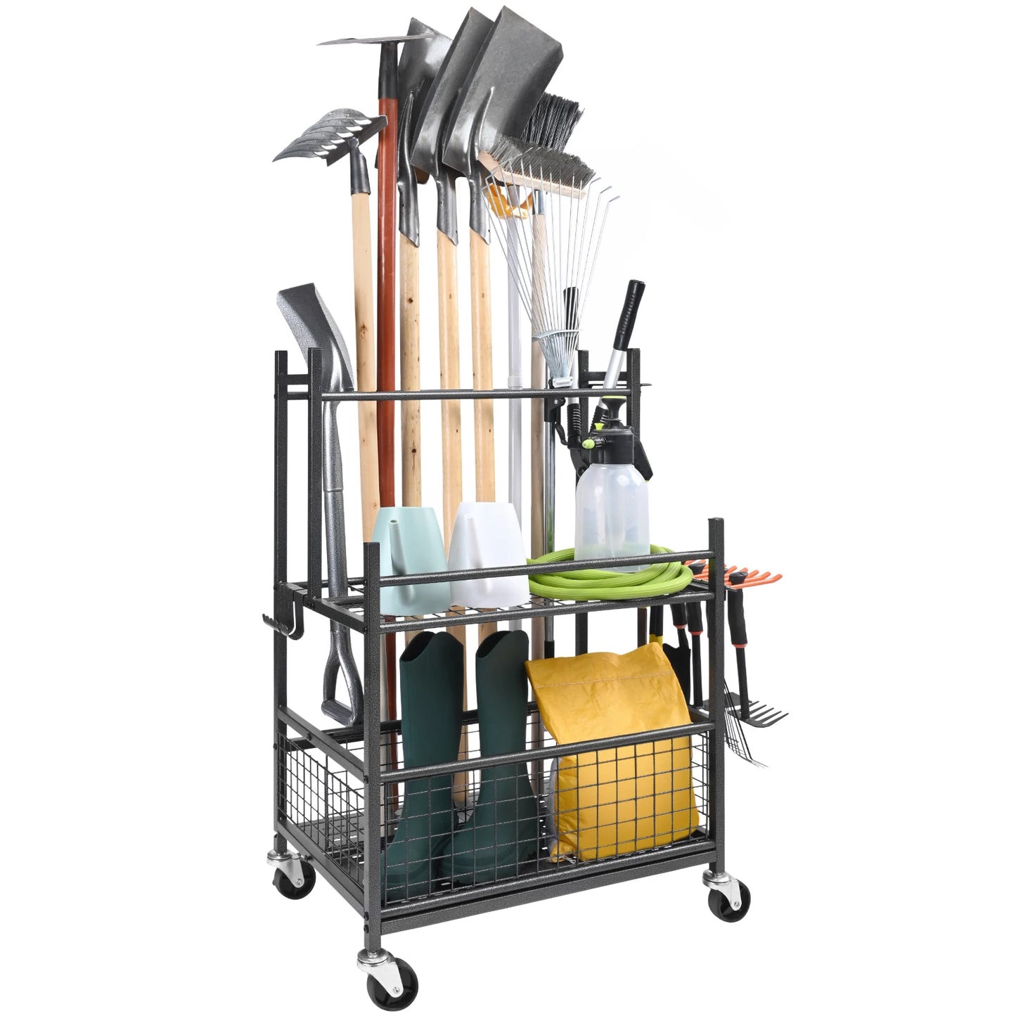 SucceBuy 16 Slot Garden Tool Organizer Tower Rack With Hooks And Wheels