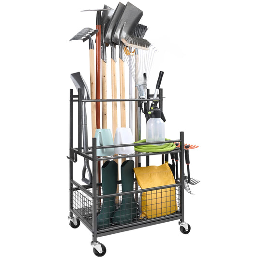 SucceBuy 16 Slot Garden Tool Organizer Tower Rack With Hooks And Wheels