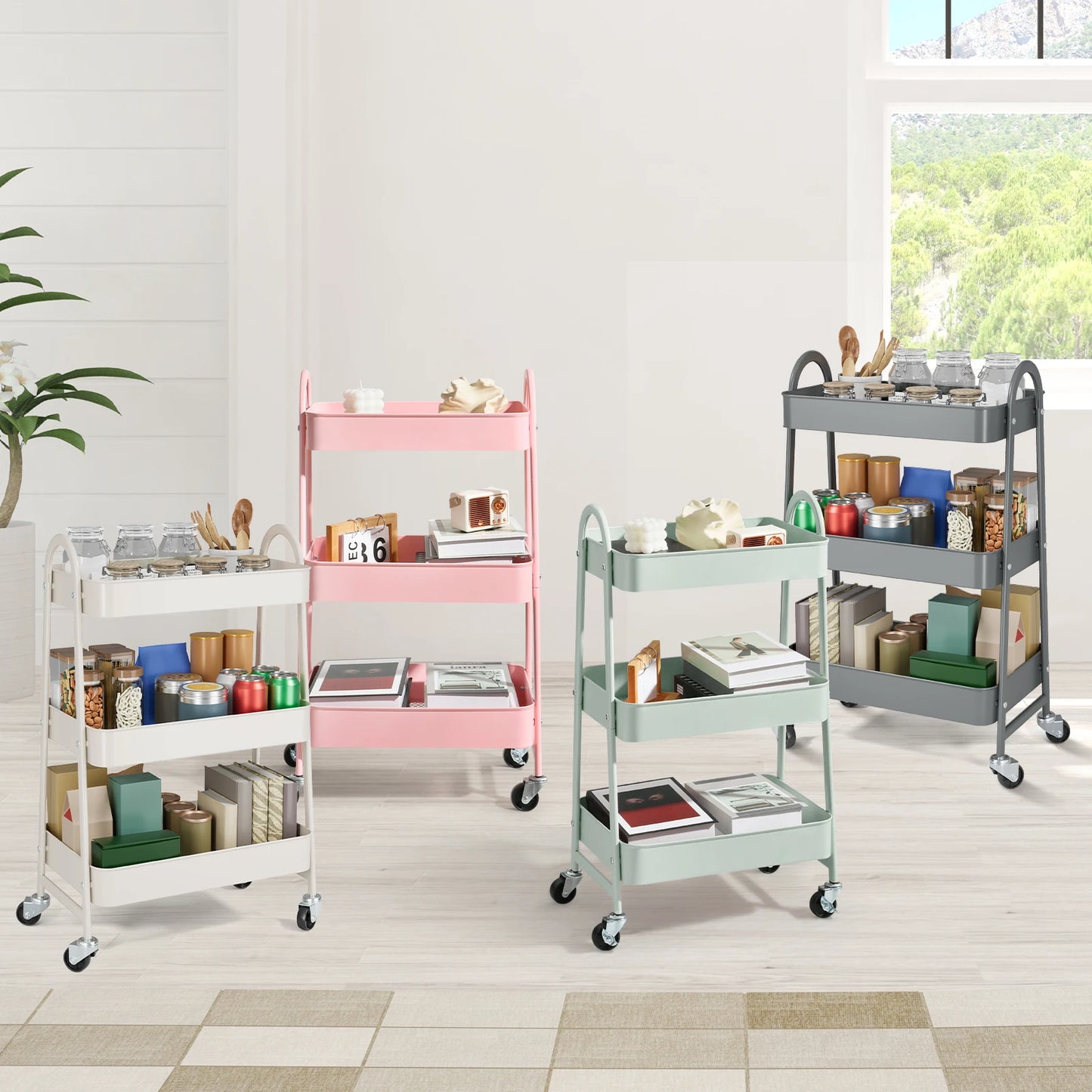JHK 3 Tier Metal Storage Kitchen Cart With Lockable Wheels Mobile Shelving Unit