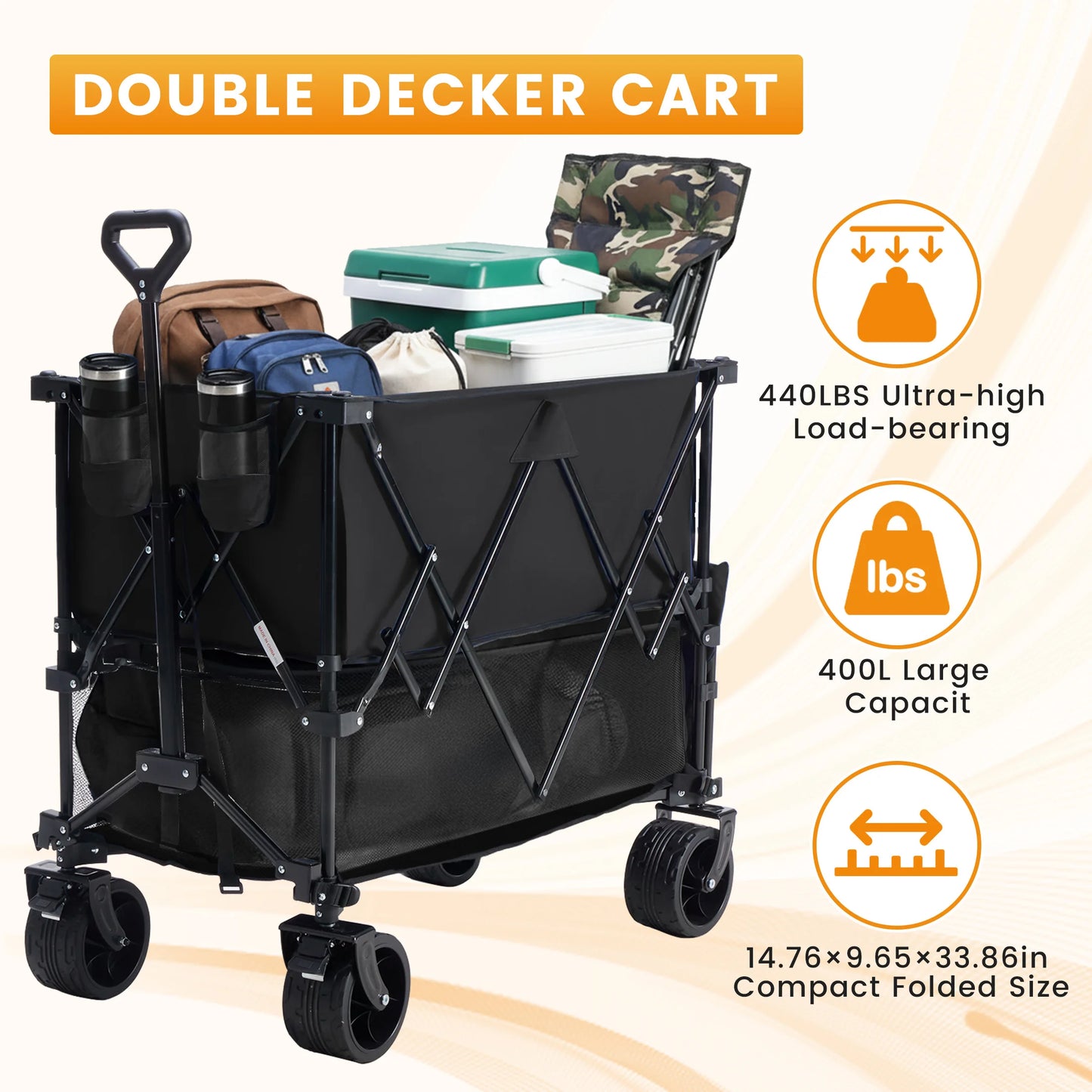 JHK Outdoor Double Decker Wagons Cart 440 Pound Capacity Garden Camping