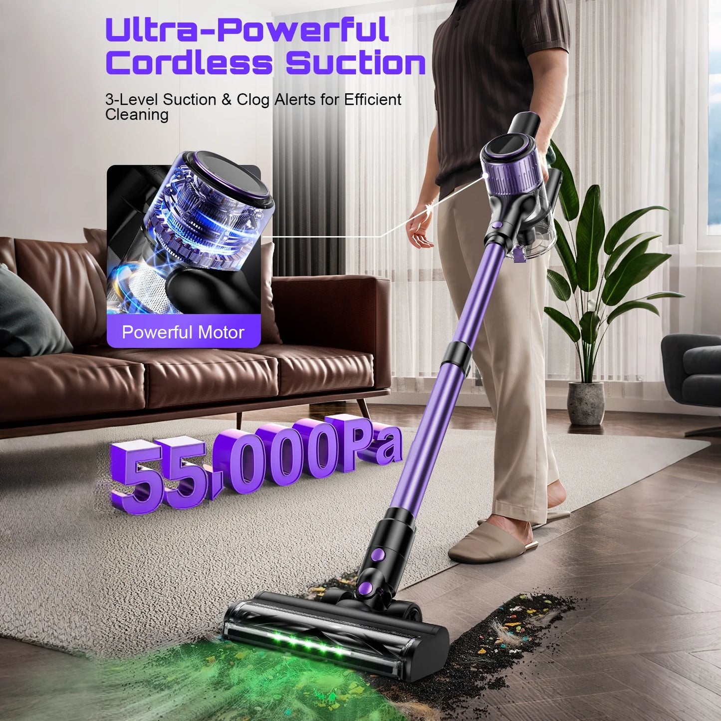 SUXIANGVAC Cordless Vacuum Cleaner 55KPa 500W 45Min Pet Hair