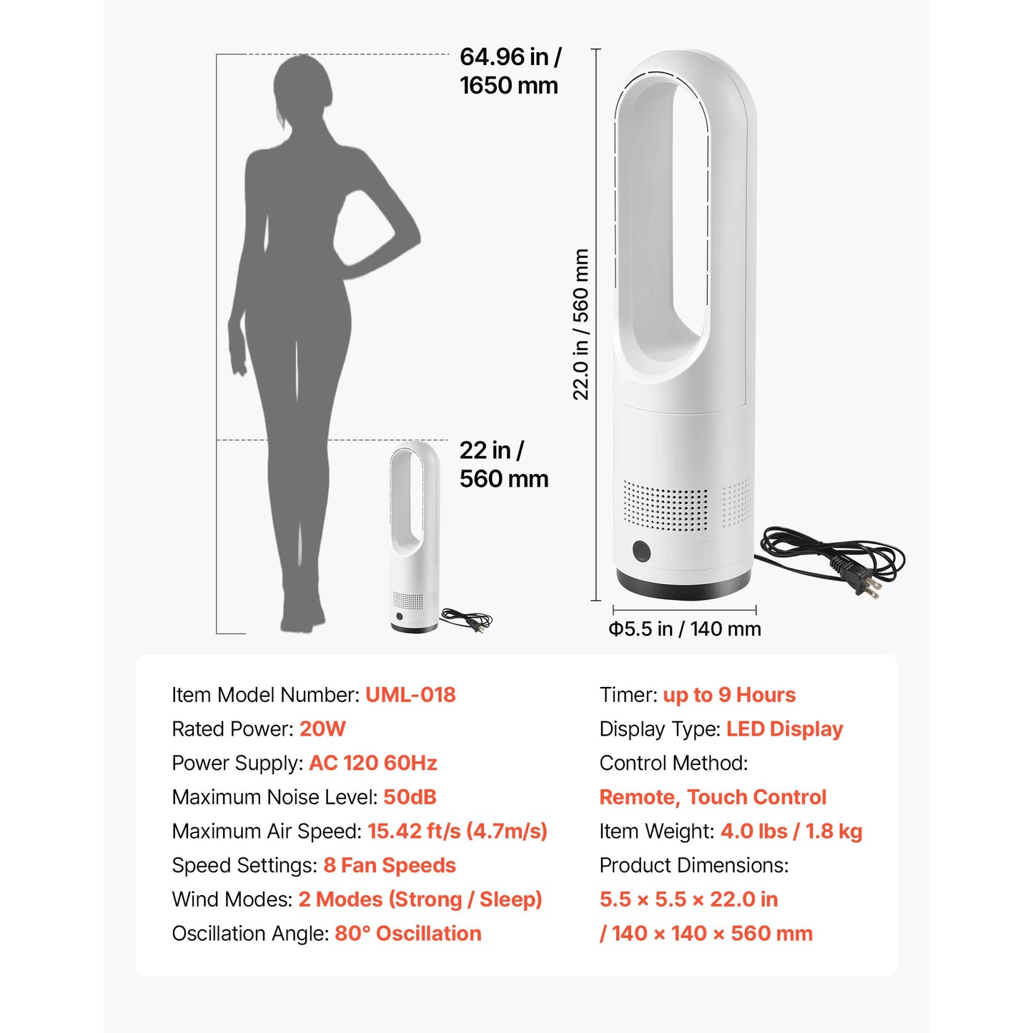 SucceBuy Bladeless Tower Fan 65°/80° Oscillating Standing Fan 8/12 Speeds & 8/9-Hour Timer 14.76/15.42 ft High Velocity for Home