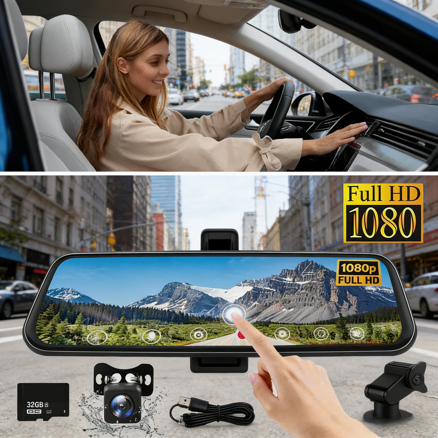 Mirror Dash Cam 1080P Dual Lens Front Rear Waterproof IPS Touchscreen Wide Angle