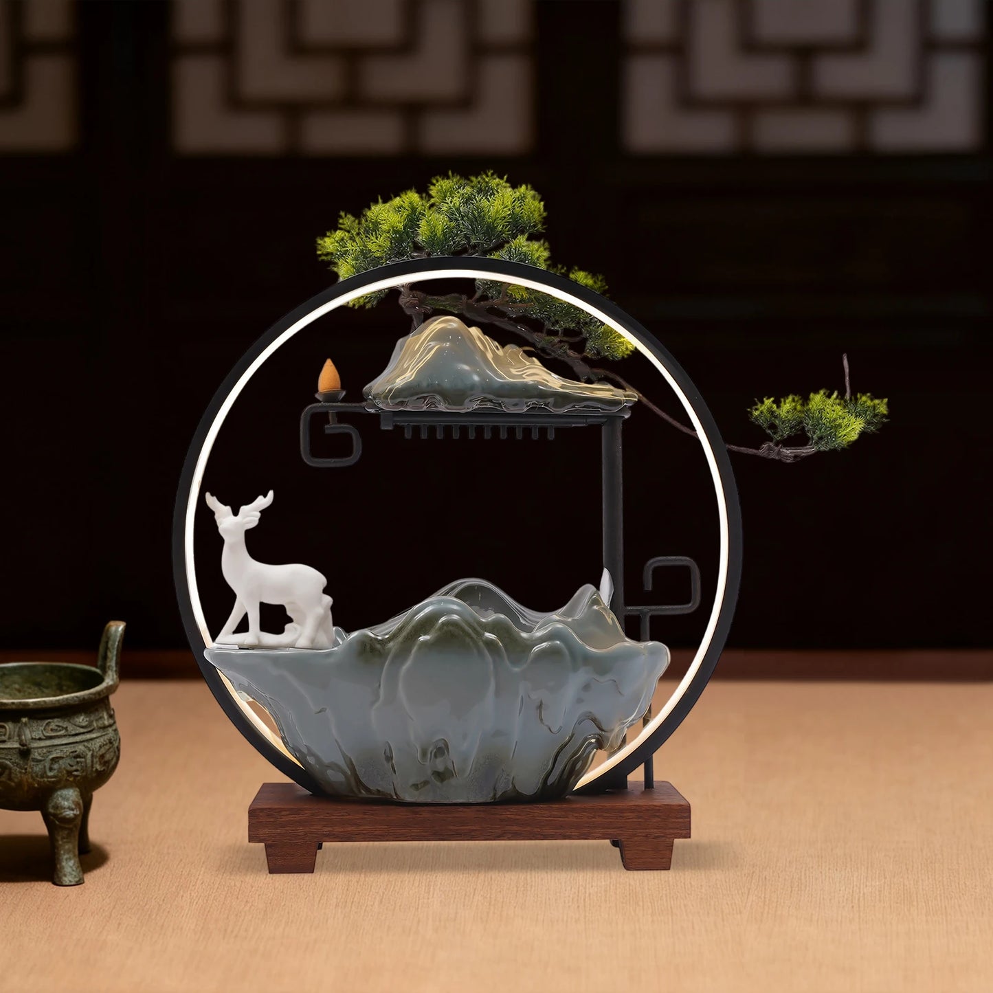 Ceramic Tabletop Fountain With Mist LED Deer Figurine Pine Branches