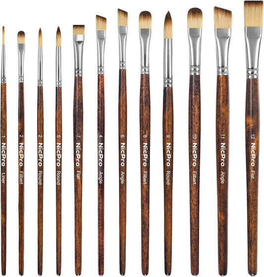 12 Piece Artist Paint Brush Set For Acrylic Oil Watercolor