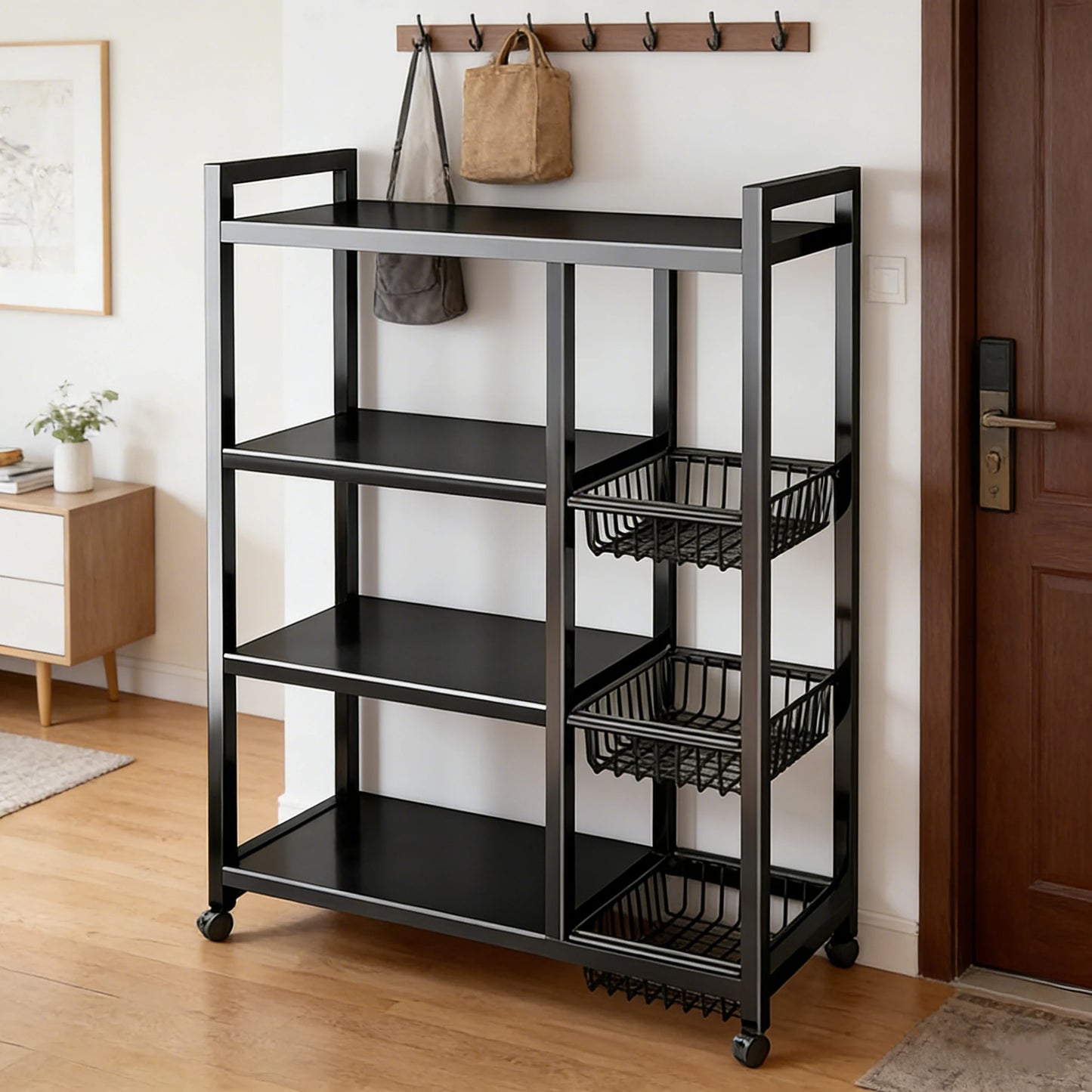 Portable Adjustable 4 Tier Wheeled Storage Cart With Wire Baskets
