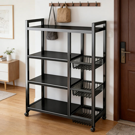 Portable Adjustable 4 Tier Wheeled Storage Cart With Wire Baskets