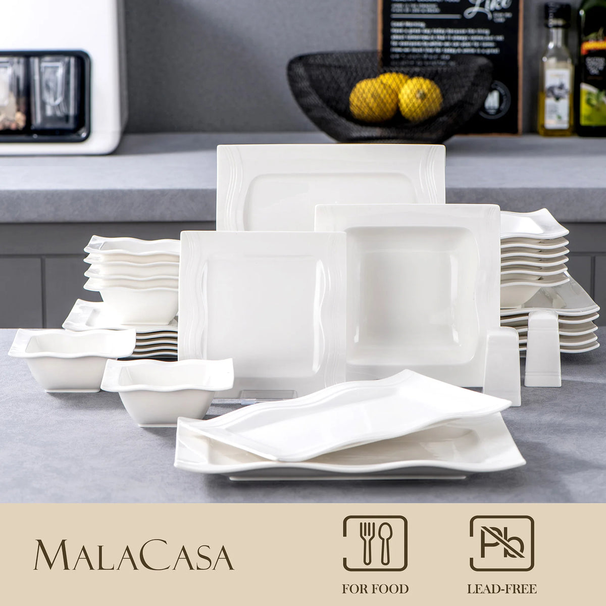 MALACASA Porcelain Dinnerware Set With Plates Bowls Salt Pepper Pots