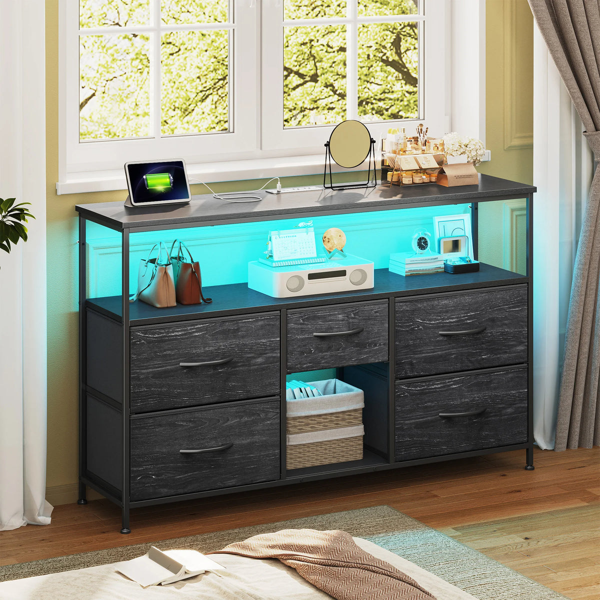 EnHomee TV Console With LED Lights And Fabric Storage Drawers