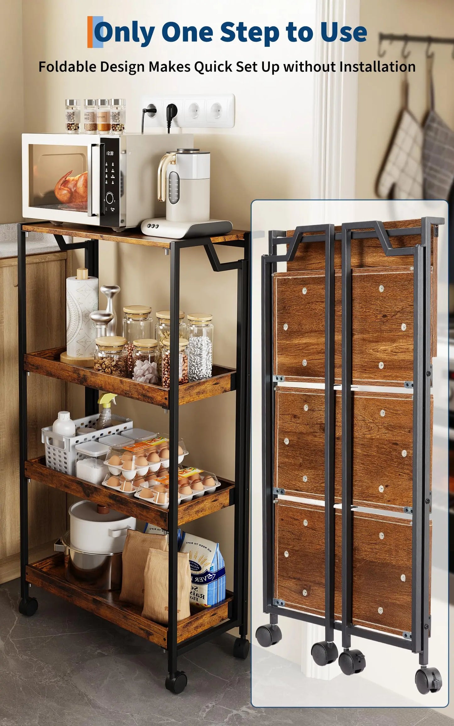 Large 4-Tier Wooden Folding Storage Shelf Cart with Locking Wheel, Expandable Kitchen Organizer Rack, 100 Lbs Loading