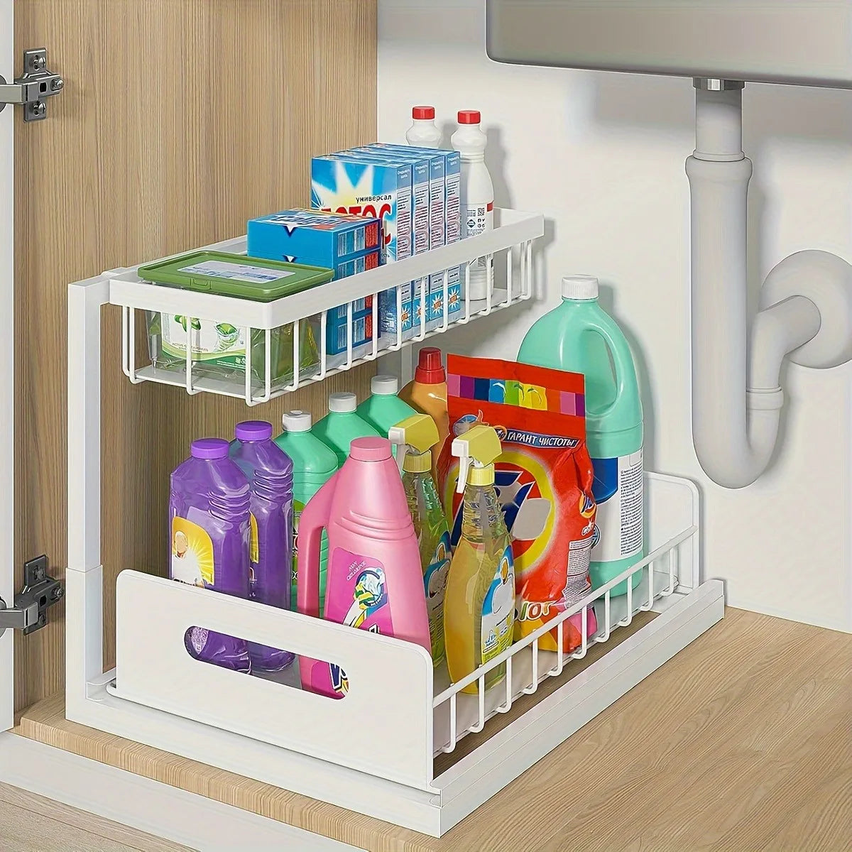 [Sliding Pull-out Cabinet Rack] 1/2pcs Sliding Pull-out Metal Cabinet Sorting Rack | Lower Sink Kitchen Storage, For Kitchen Bat