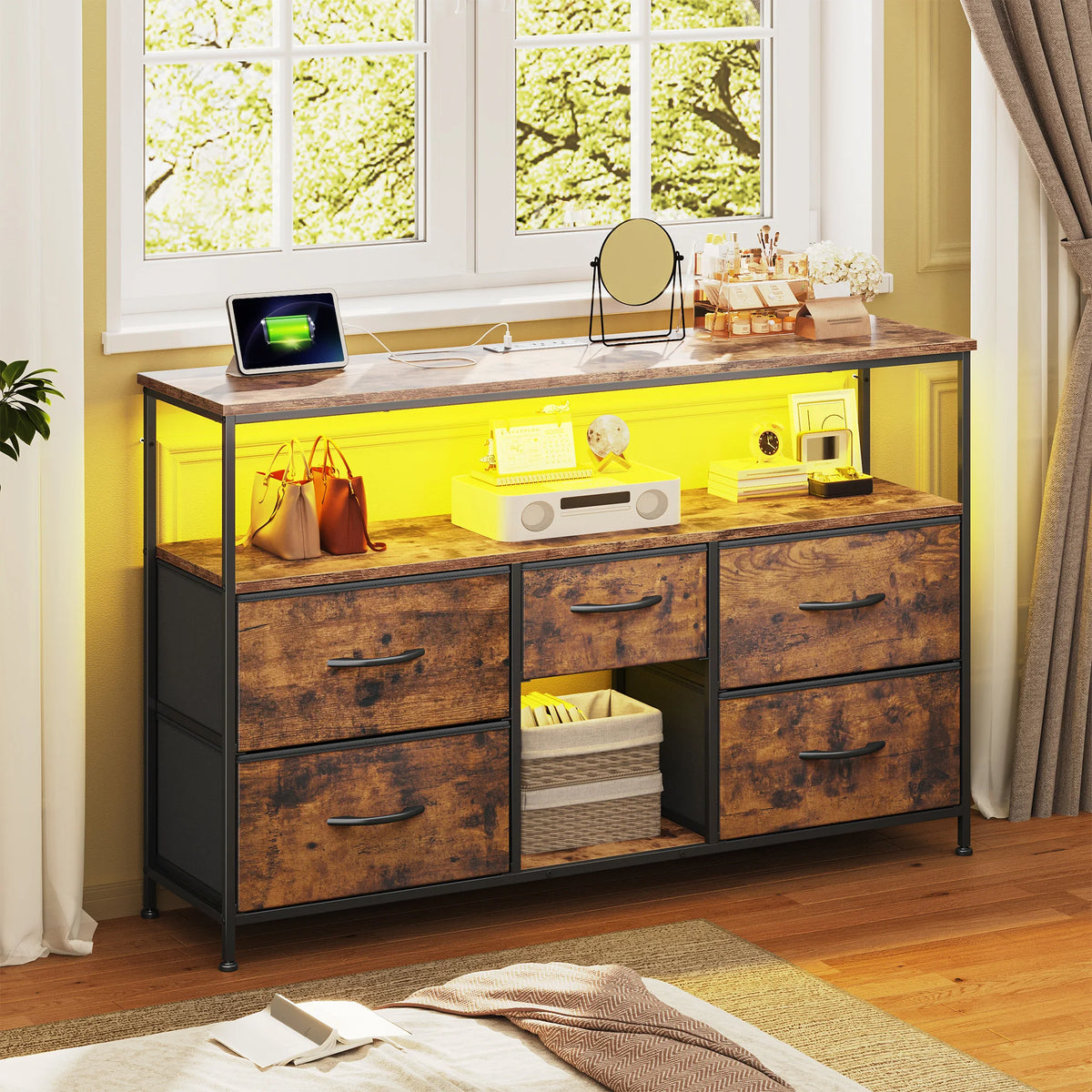 EnHomee TV Console With LED Lights And Fabric Storage Drawers