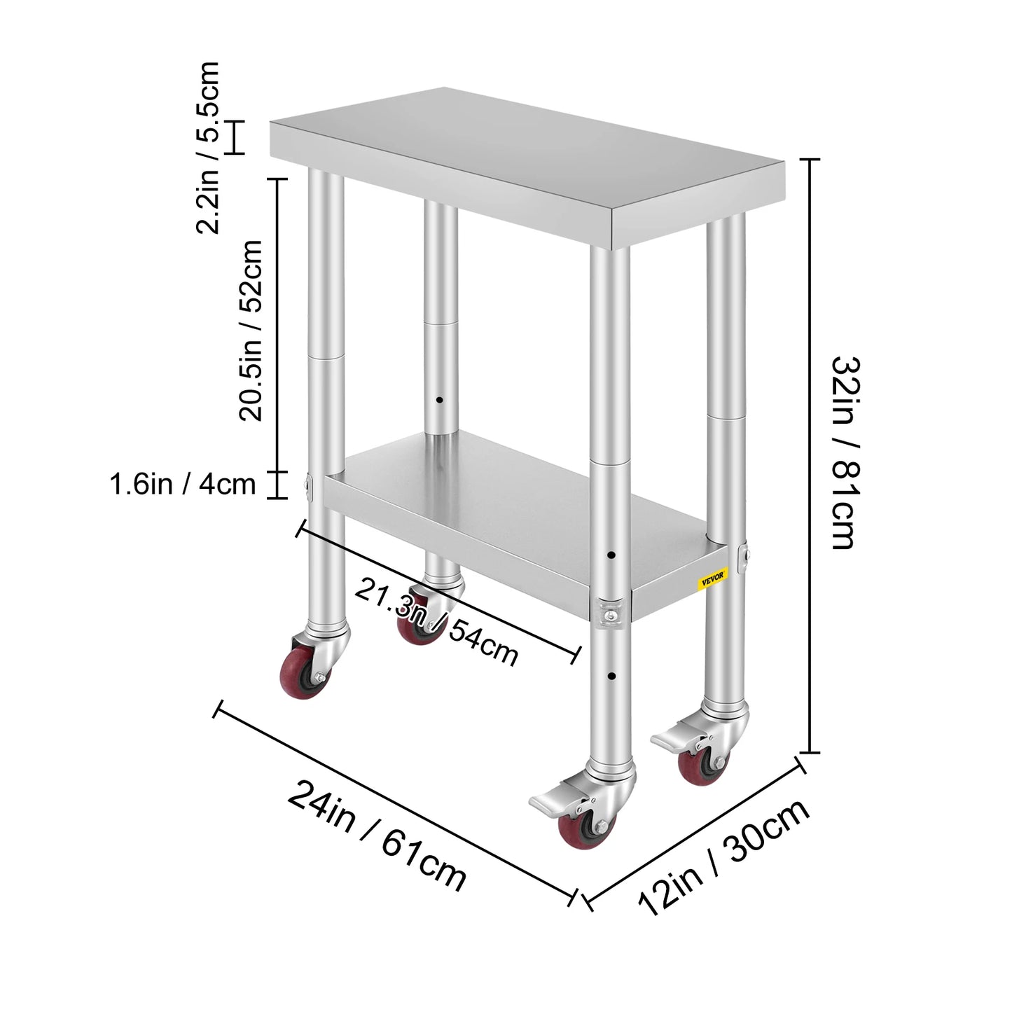 SucceBuy Stainless Steel Kitchen Prep Table With 4 Caster Wheels Backsplash Loads Up to 100KG-300KG for Home Storage Rack Dining