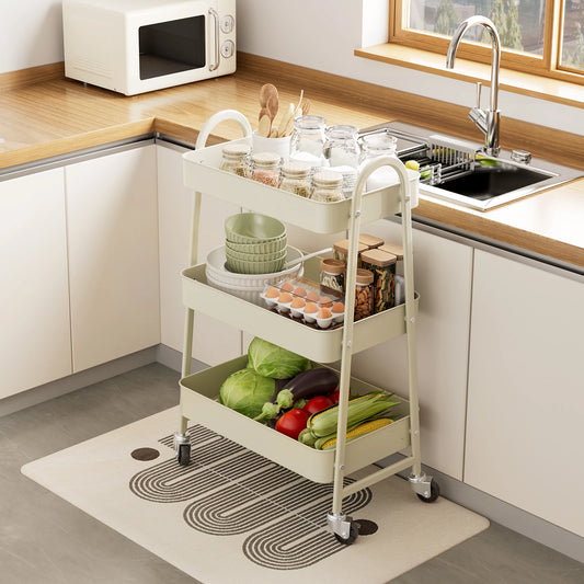 JHK 3 Tier Metal Storage Kitchen Cart With Lockable Wheels Mobile Shelving Unit