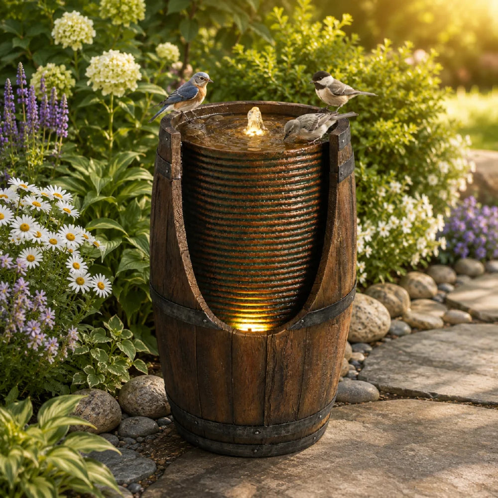 Handcrafted Resin Barrel Water Fountain With Built In Lights Outdoor Decor